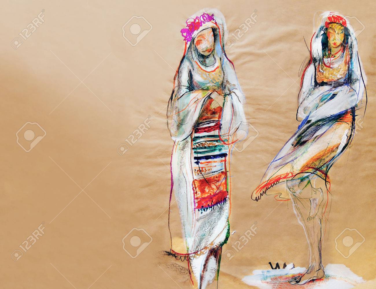 2 つの伝統的なブルガリア人女性の紙に描く の写真素材 画像素材 Image
