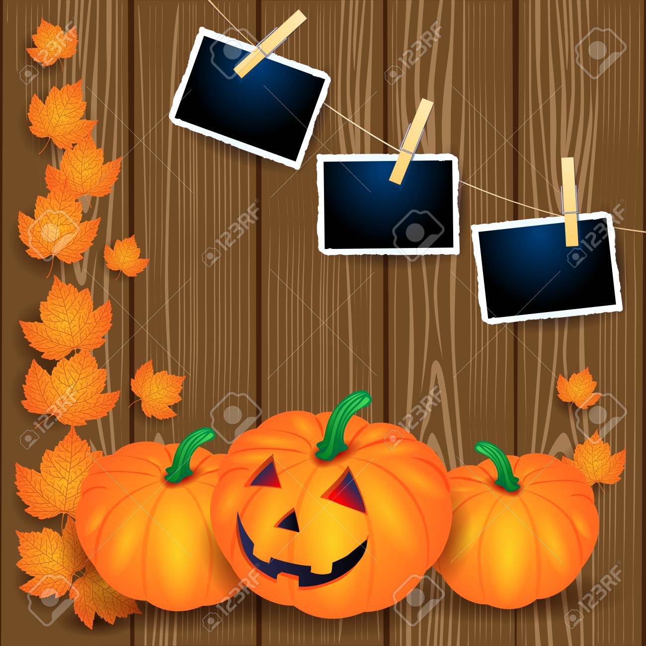 Halloween illustration with pumpkins, leaves and photo frames on wooden background. Vector eps10 - 108956177 Halloween illustration with pumpkins, leaves and photo frames on wooden background. Vector eps10 - 108956177