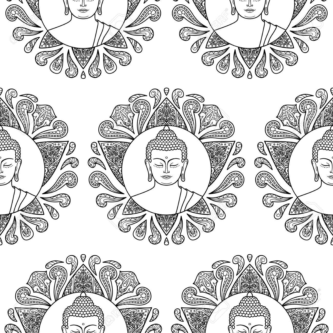Black And White Coloring Page Seamless Pattern Of Buddha Head With Lotus Decoration Wallpaper Tattoo Textile Print Black And White Coloring Page Seamless Pattern Of Buddha Head With Lotus Decoration Wallpaper Tattoo Textile Print