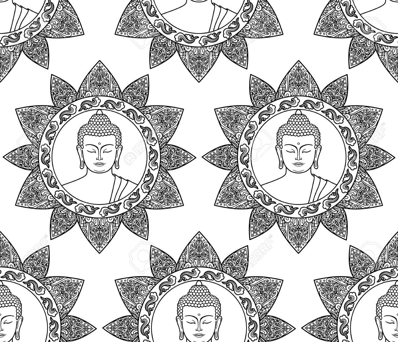 Black And White Coloring Page Seamless Pattern Of Buddha Head With Floral Decoration Wallpaper For Textile Print Mascots Black And White Coloring Page Seamless Pattern Of Buddha Head With Floral Decoration Wallpaper For Textile Print Mascots