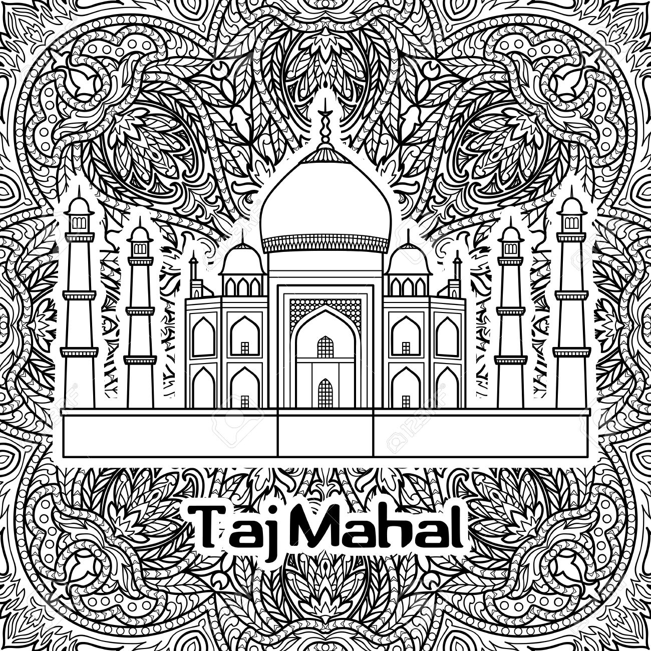 花曼荼羅の背景にタージ マハルとインド模様 黒と白の着色のページ のイラスト素材 ベクタ Image 花曼荼羅の背景にタージ マハルとインド模様 黒と白の着色のページ のイラスト素材 ベクタ Image