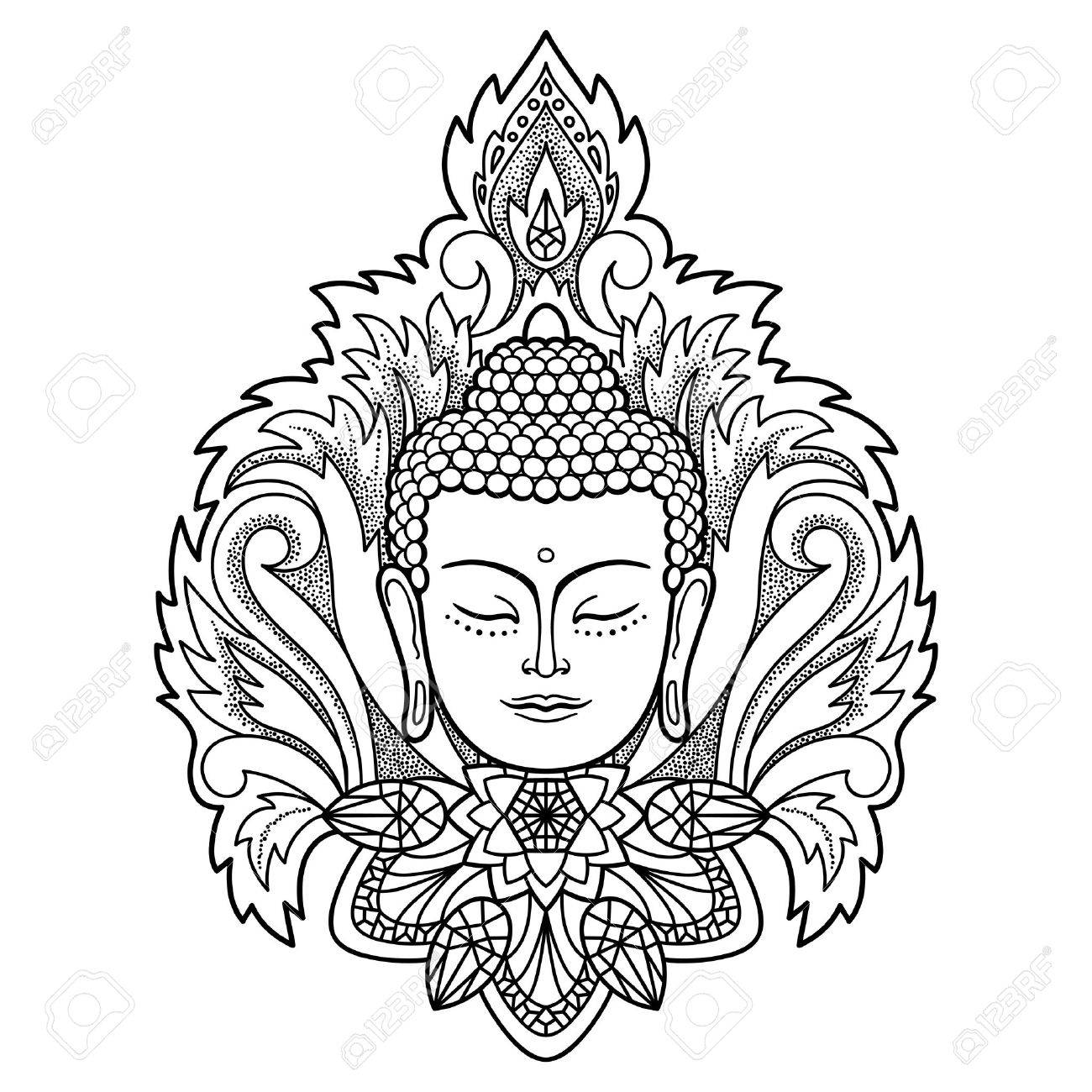 Tete De Bouddha Avec Decor Floral Connectez Vous Pour Le Tatouage Impression Textile Mascottes Et Amulettes Coloriage Noir Et Blanc Clip Art Libres De Droits Vecteurs Et Illustration Image