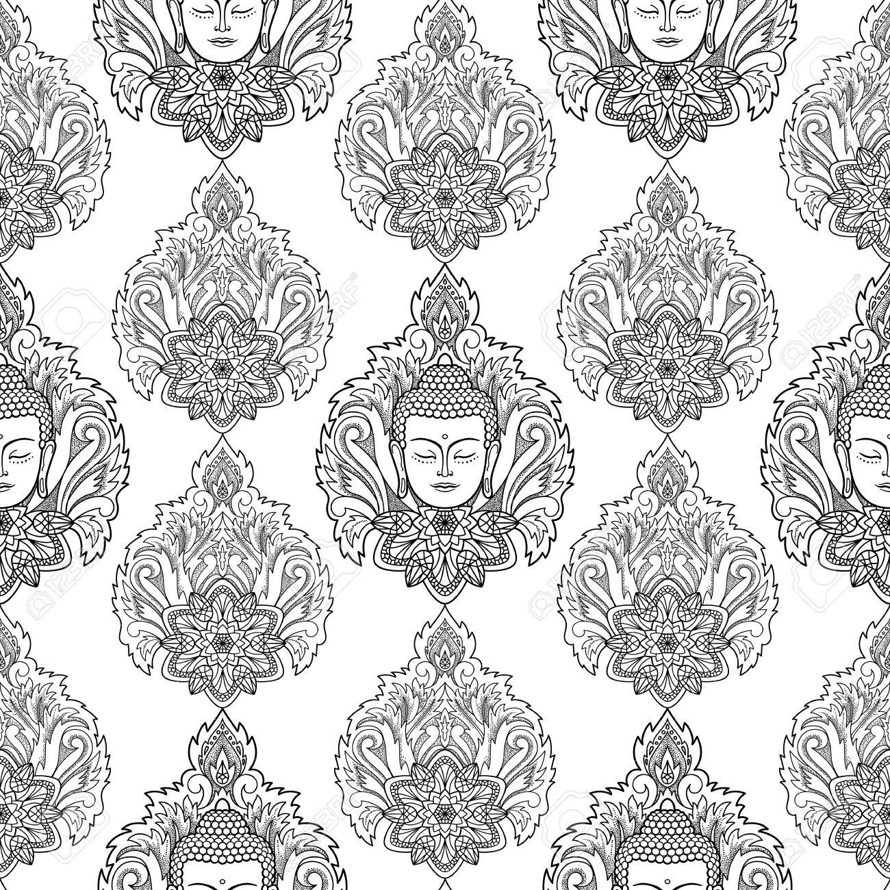 Buddha Head With Lotus Seamless Pattern Spiritual Wallpaper Black And White Coloring Page Stock Buddha Head With Lotus Seamless Pattern Spiritual Wallpaper Black And White Coloring Page Stock