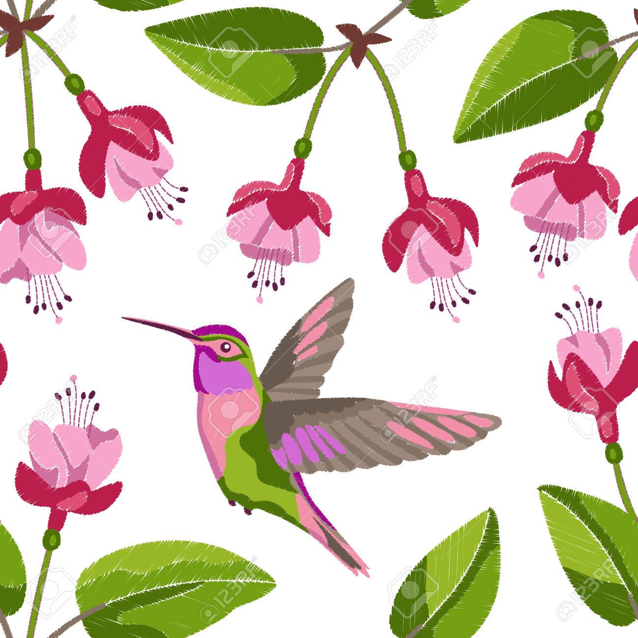 Fuchsia And Hummingbird Embroidery Seamless Pattern Royalty Free SVG,  Cliparts, Vectors, and Stock Illustration. Image 84736758., image size:1300x1300