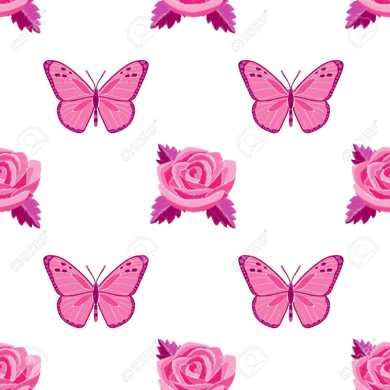 Rosas Y Mariposas Bordado Sin Patrón Ilustraciones svg, vectoriales, clip  art vectorizado libre de derechos. Image 86313350