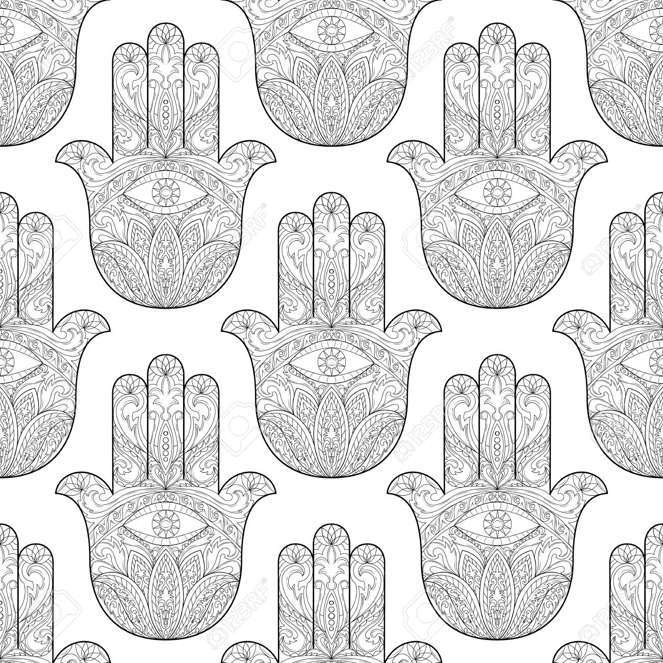 華やかな手描き下ろしハムサ シームレス パターン ファティマの手 お守りでアラビア語 インド ユダヤ人の壁紙 ページを着色 のイラスト素材 ベクタ Image