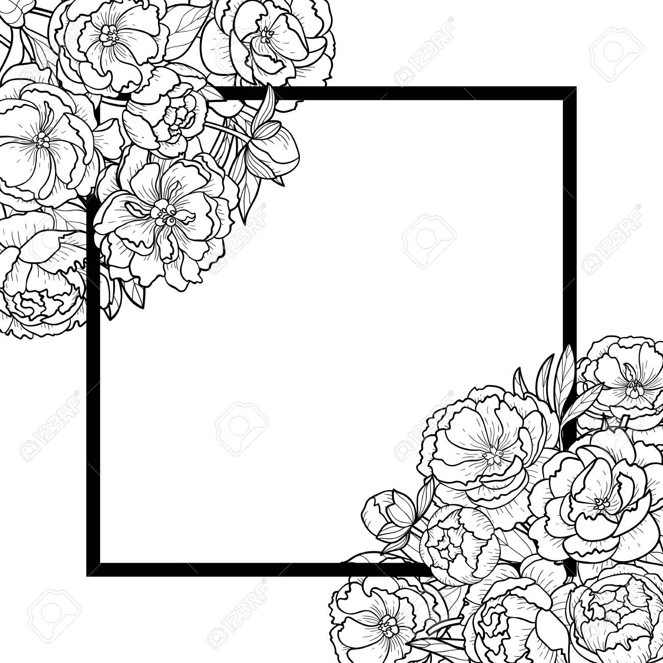 Maquette Avec Des Fleurs De Pivoine Des Feuilles Et Un Cadre Carre Floral Romantique Modele Noir Et Blanc Pour Les Cartes De Voeux Invitations Cartes Postales Et Pages A Colorier Avec La