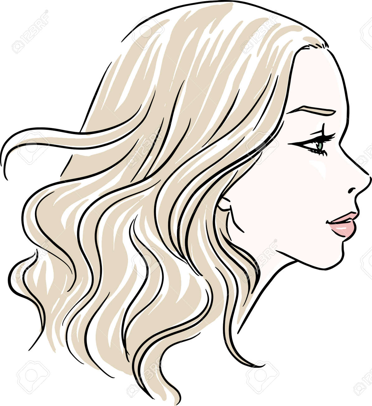 Beautiful Girl Face Drawing With Long Blonde Hair. Digitally Hand Drawn  Side Profile Of A Pretty Woman. Клипарты, SVG, векторы, и Набор Иллюстраций  Без Оплаты Отчислений. Image 172236768