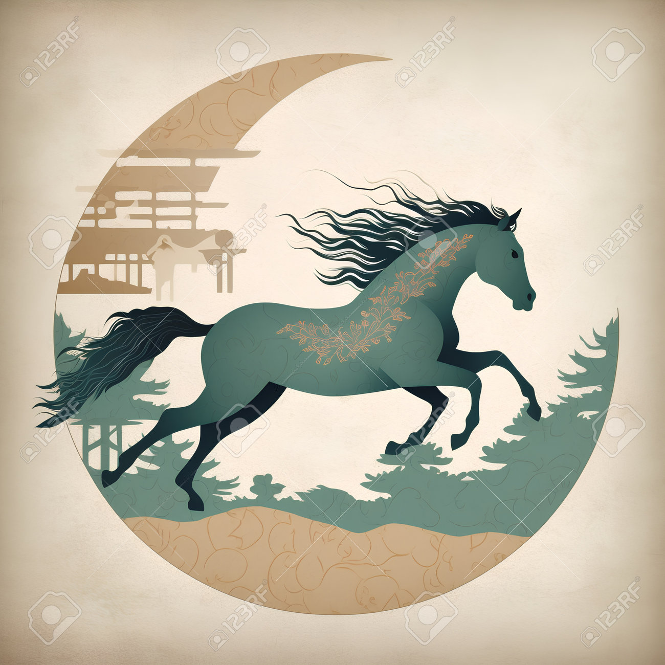 馬と風景のシルエットアート 2匹の馬のシルエットイラストアートのフリー素材イラスト | 無料