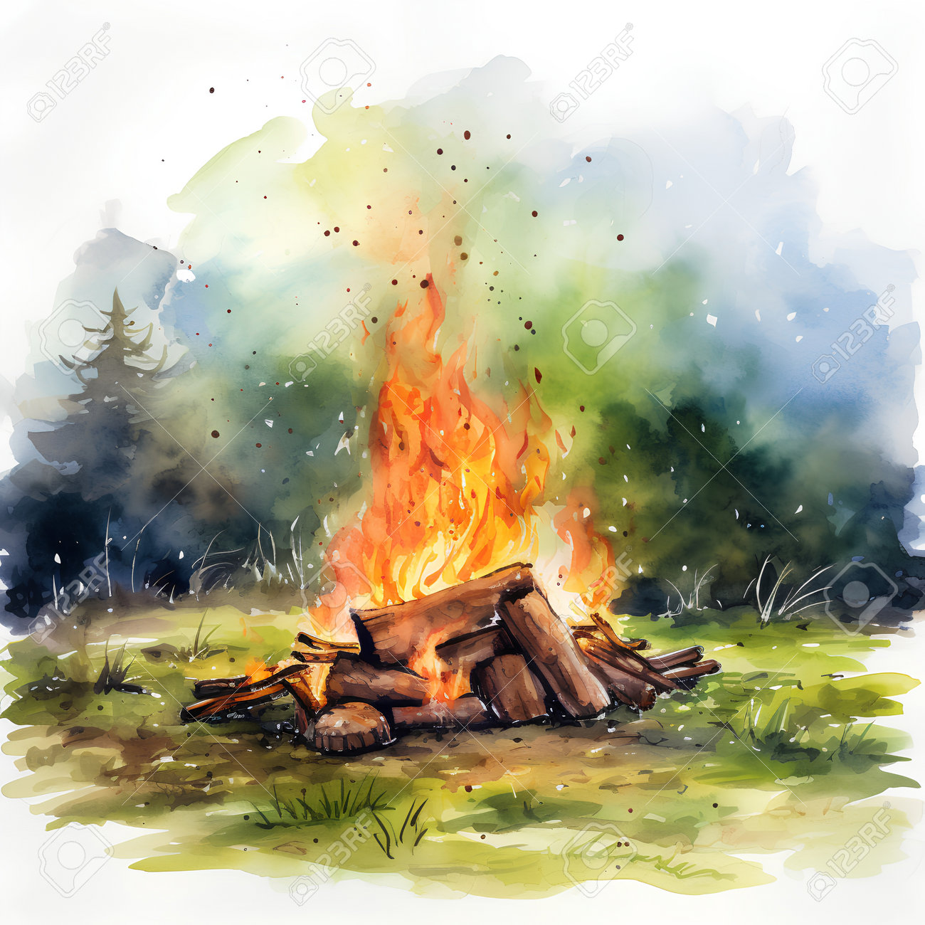 絵画「初冬の森の焚火」 絵画「初冬の森の焚火」 森の月明かりの夜の風景と人間の手で炎と