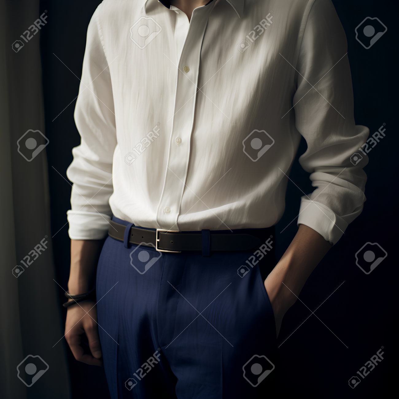 pantalon azul camisa blanca