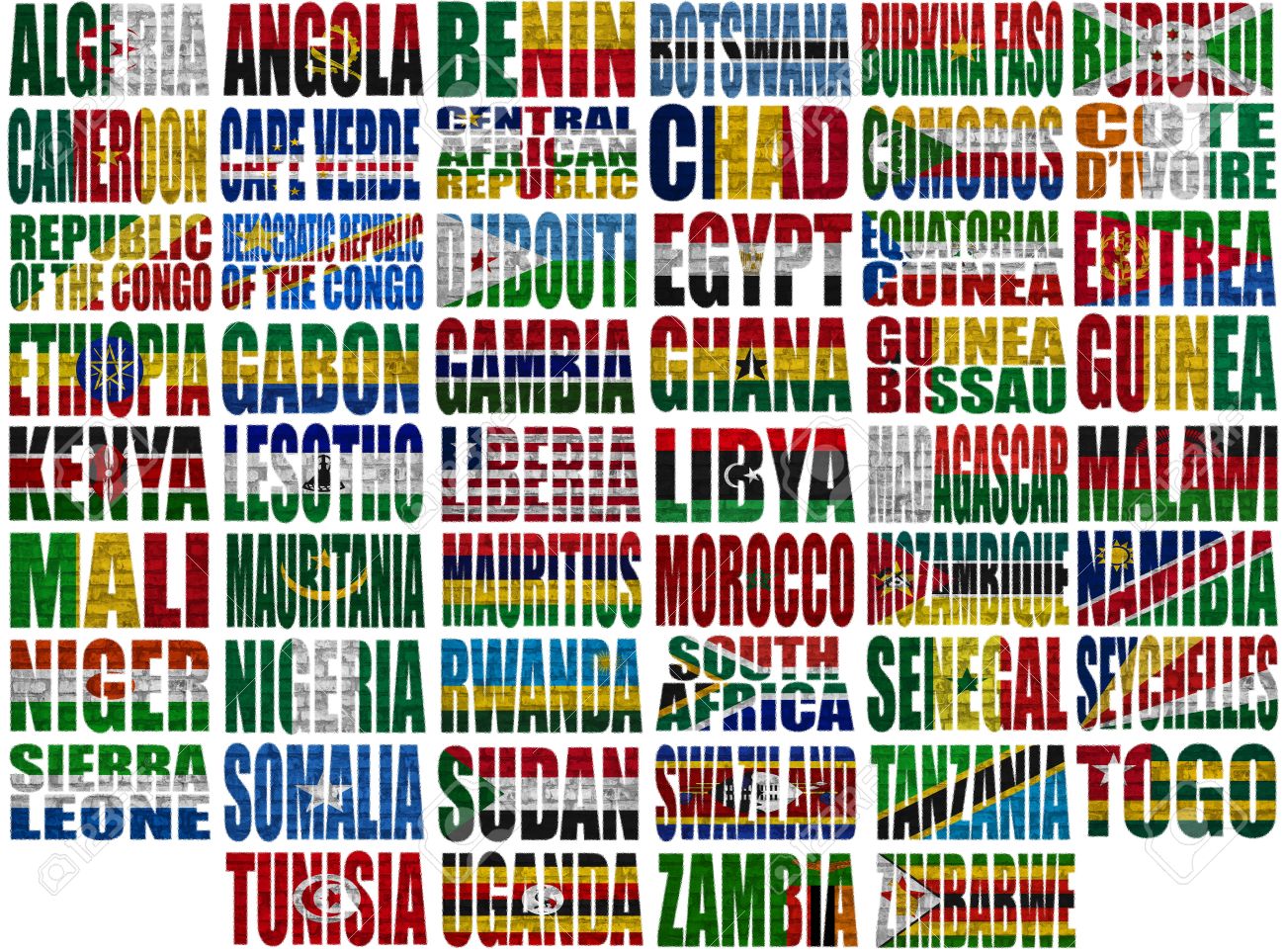 africa countries flag words on a white background stock photo