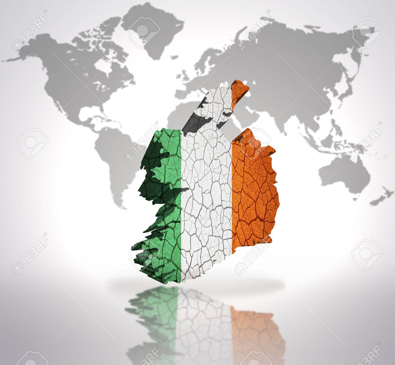 map of ireland with irish flag on a world map background stock photo 32715078