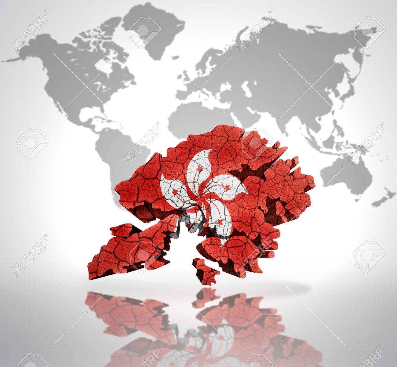 map of hong kong with hong kong flag on a world map background stock photo