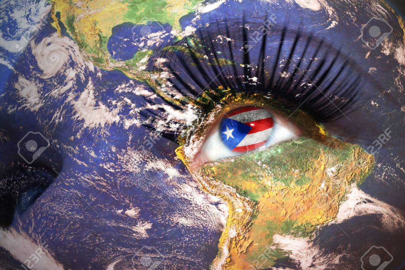 Womans Face With Planet Earth Texture And Puerto Rico Flag Inside