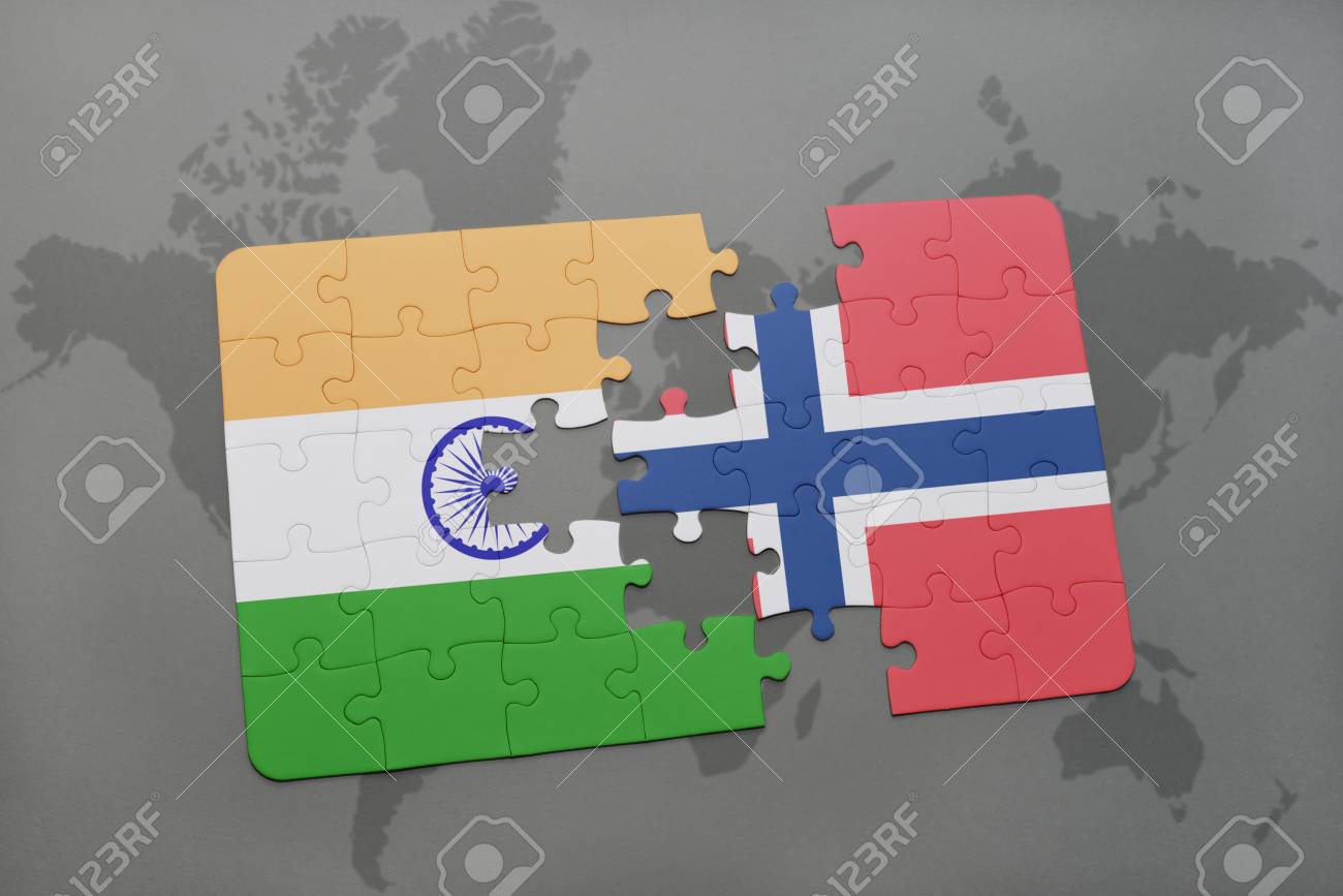 India To Norway Map Puzzle With The National Flag Of India And Norway On A World Map  Background. 3D Illustration Stock Photo, Picture And Royalty Free Image.  Image 63986322.