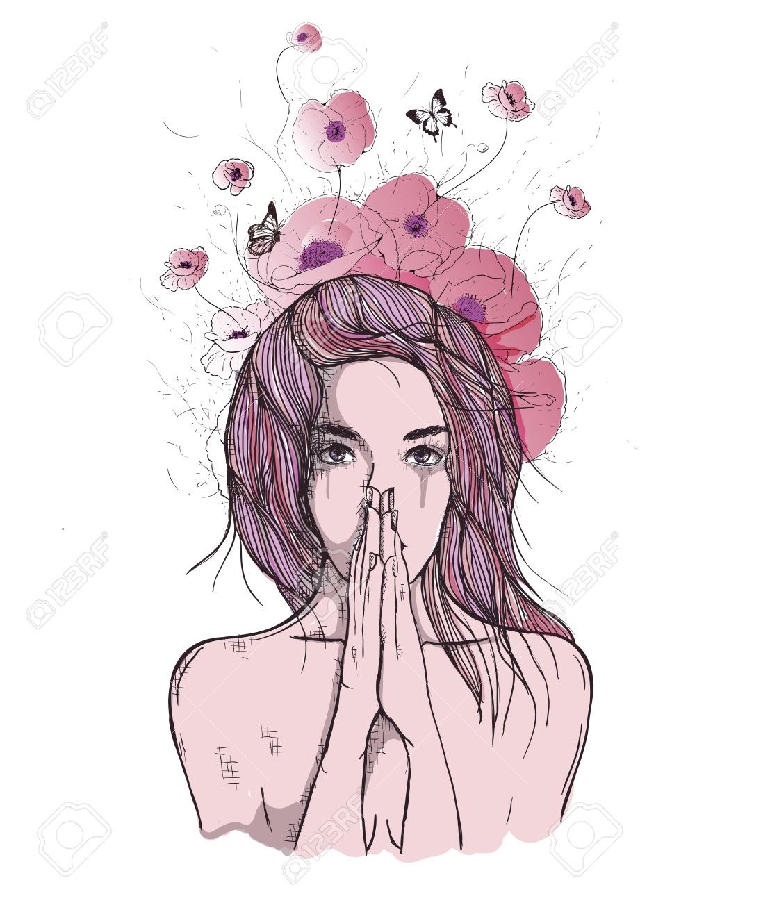Vector Art Drawing, Portrait Of Sad And Depressed Girl, Thinking About  Something. Facial Expressions, People Emotions, Romantic And Tender Young  Woman. Royalty Free SVG, Cliparts, Vectors, and Stock Illustration. Image  59960126.