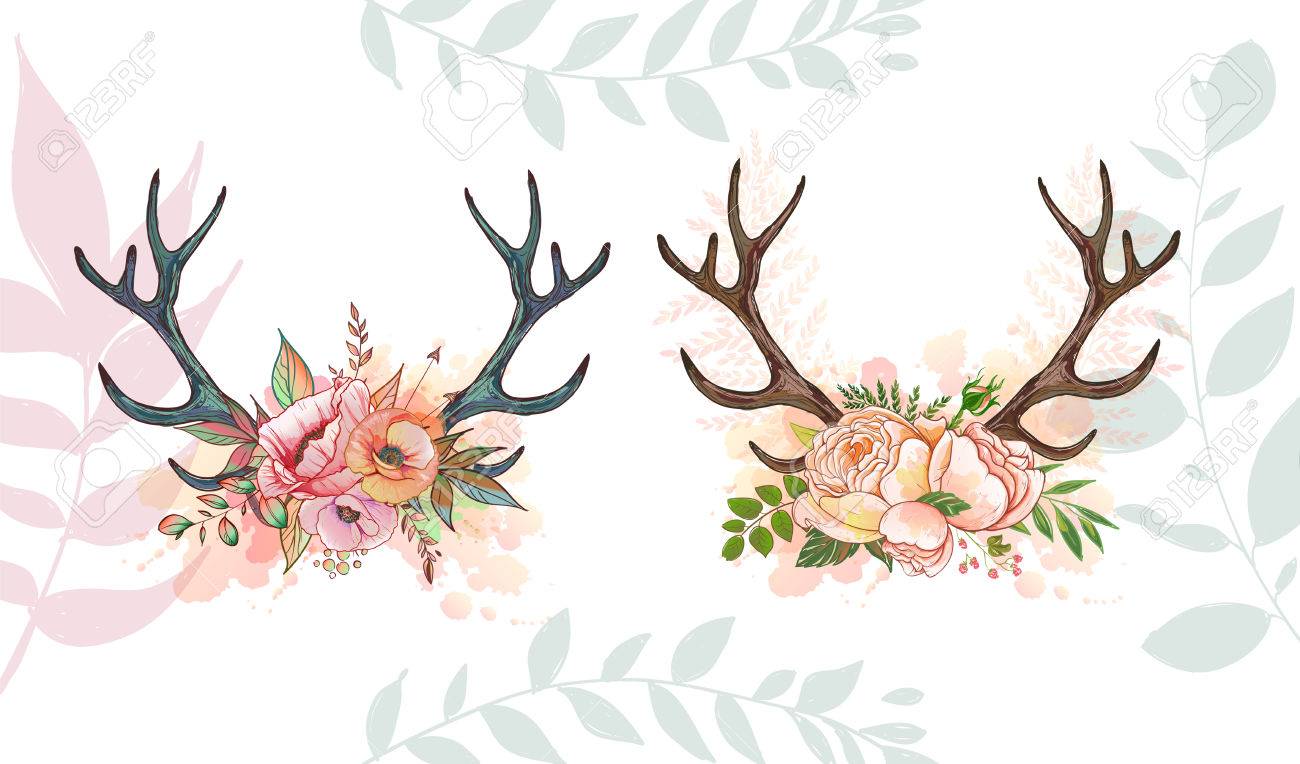 花の花輪と鹿の角 の写真素材 画像素材 Image 82864122