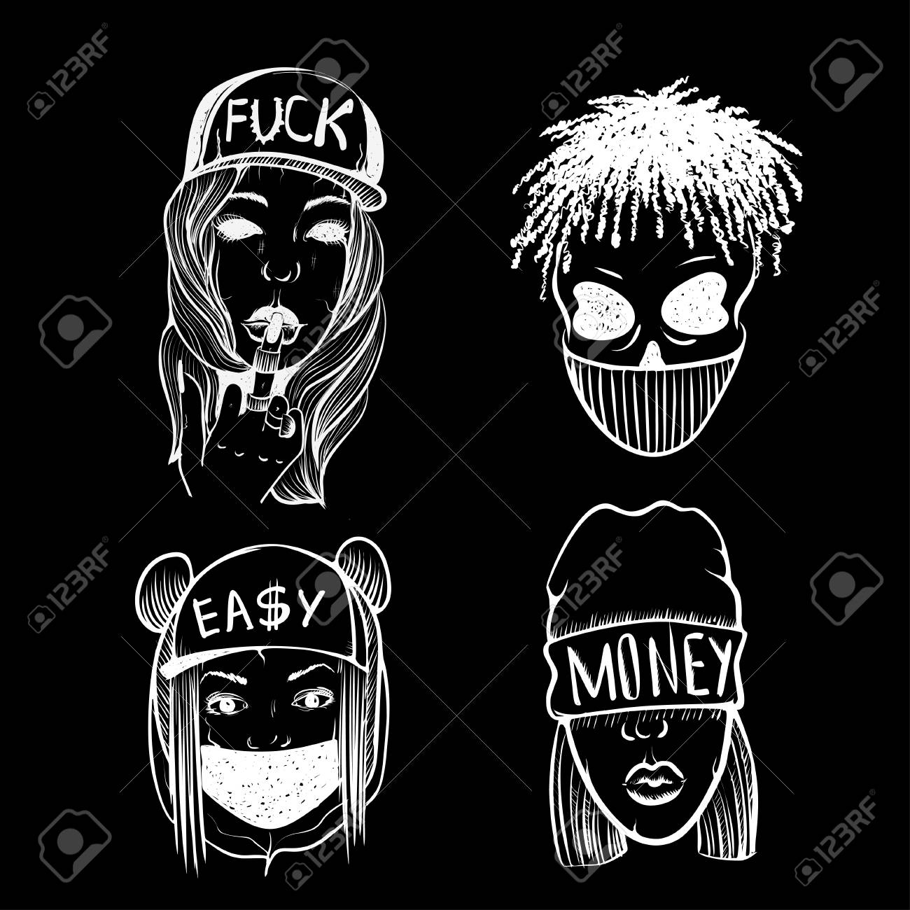 Urban Street Hip Hop Music Girl, Boy, Skull Rapper. Skull With Modern  Street Style Attributes. Pretty Young Urban Rap Girls. Lady Vector Artwork.  Doodle Art Isolated On Black Background. Face Emotion Illustration., image size:1300x1300
