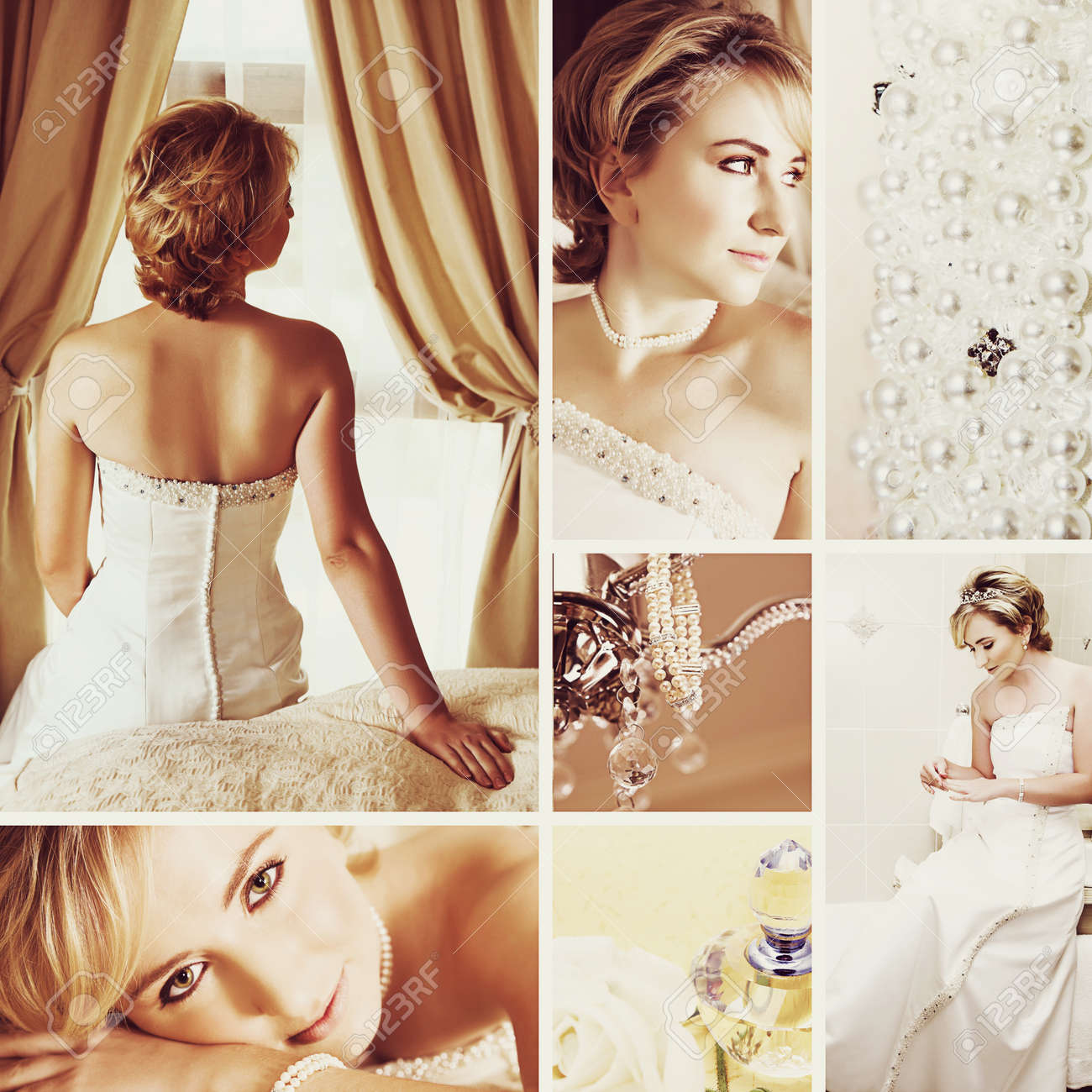 Collage Of Beautiful Blonde Bride With Short Hair Wearing A White