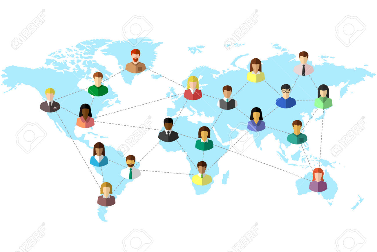 Diverse people and world map concept with dotted line as global connection symbol. Colorful flat design on white background. - 145714396 Diverse people and world map concept with dotted line as global connection symbol. Colorful flat design on white background. - 145714396
