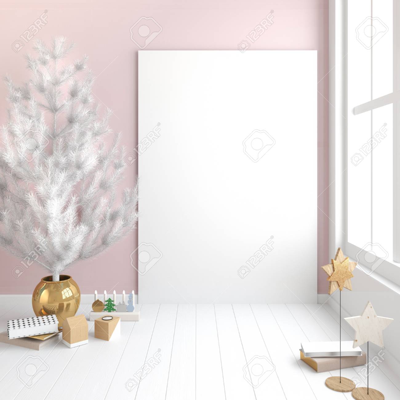 北欧スタイルのモダンなクリスマスのインテリア 3 D イラスト ポスターのモックアップ の写真素材 画像素材 Image