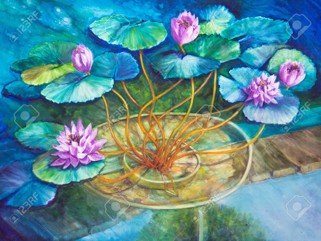 Una Pittura Acrilica Del Laghetto Di Ninfee Di Monet A Giverny ¨ Una pittura acrilica del laghetto di ninfee di Monet a Giverny ¨ rifinito in blu e