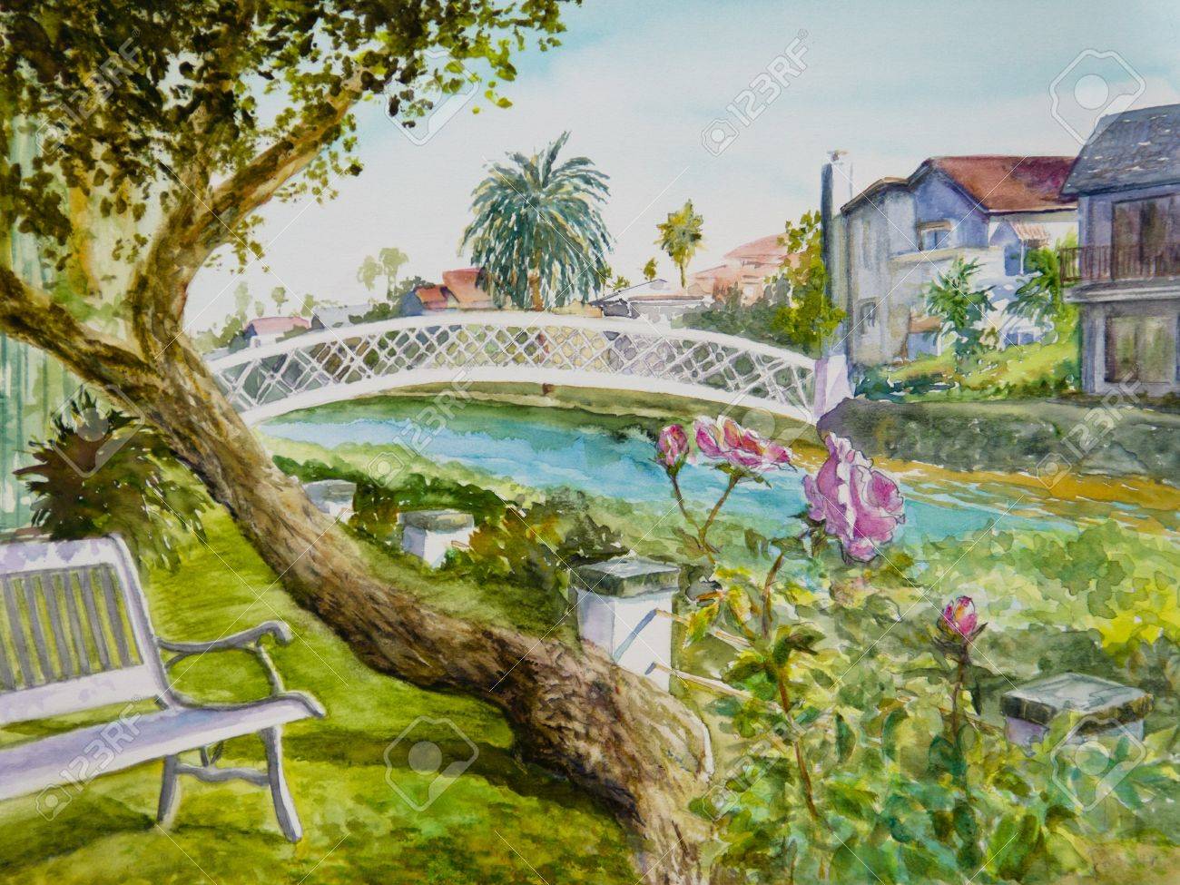 ピンクのバラは花が水彩画でヴェネツィア、カリフォルニア州、運河沿い