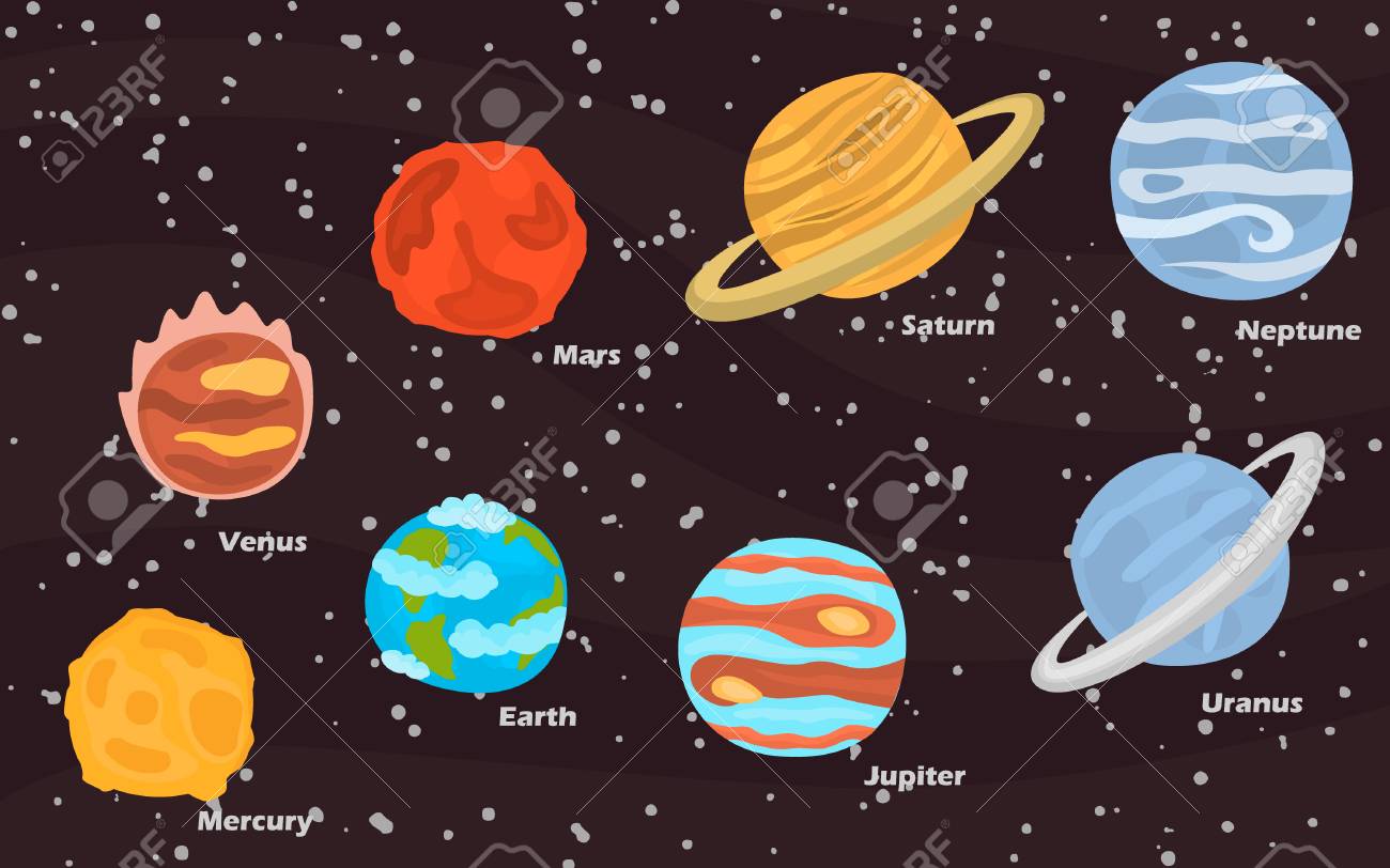 planets of solar system color icons set on space background royalty