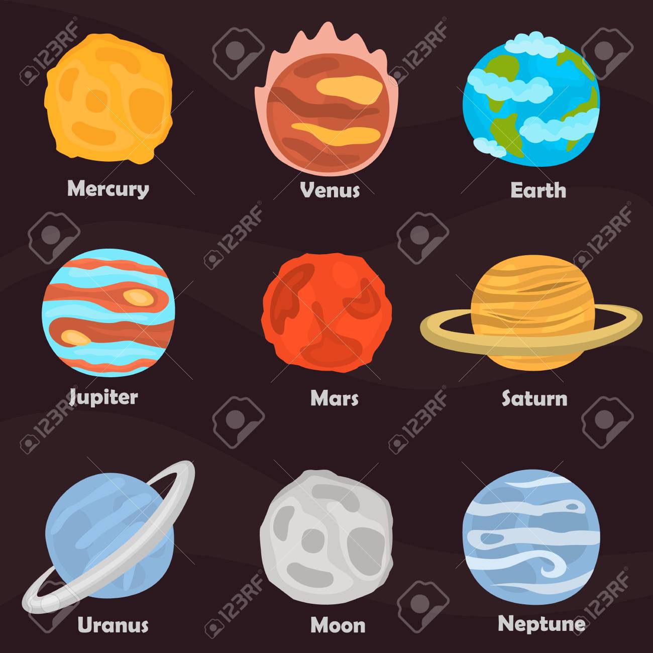 planets of solar system color icons set on color background royalty