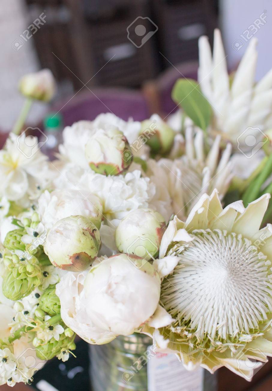 Hermoso Blanco Protea Y David Austin Rosas En Una Mesa. Bonitas