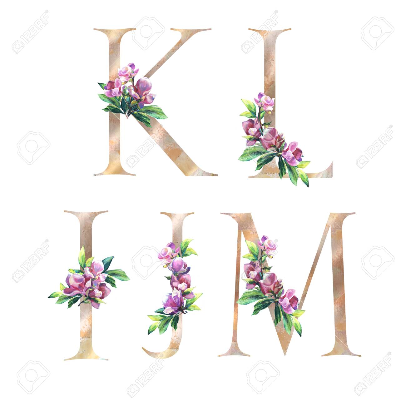 Floral Letters Set With Flowers Of Magnolia And Leaves K L Stock Photo Picture And Royalty Free Image Image