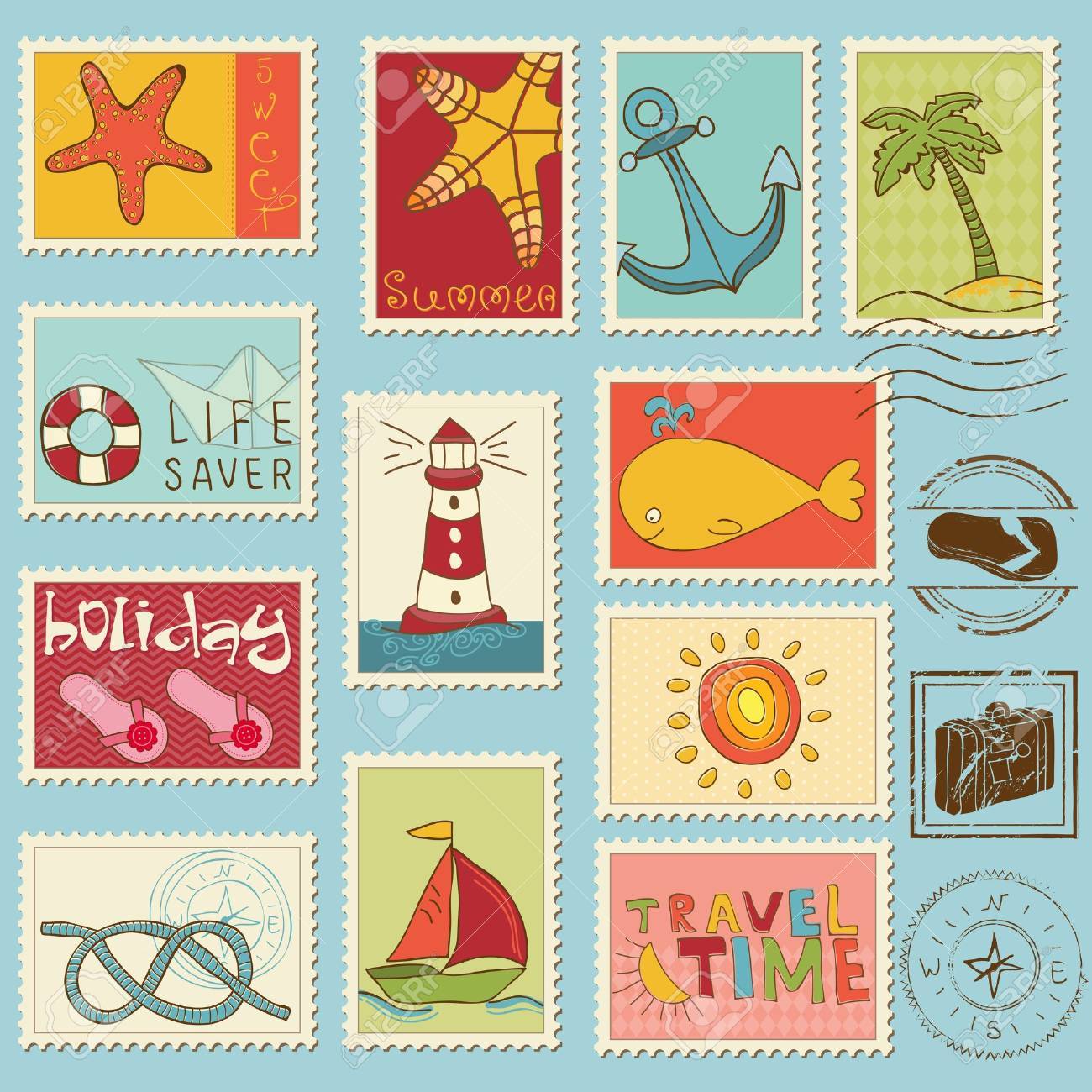 海の要素 切手のコレクション のイラスト素材 ベクタ Image 海の要素 切手のコレクション のイラスト素材 ベクタ Image