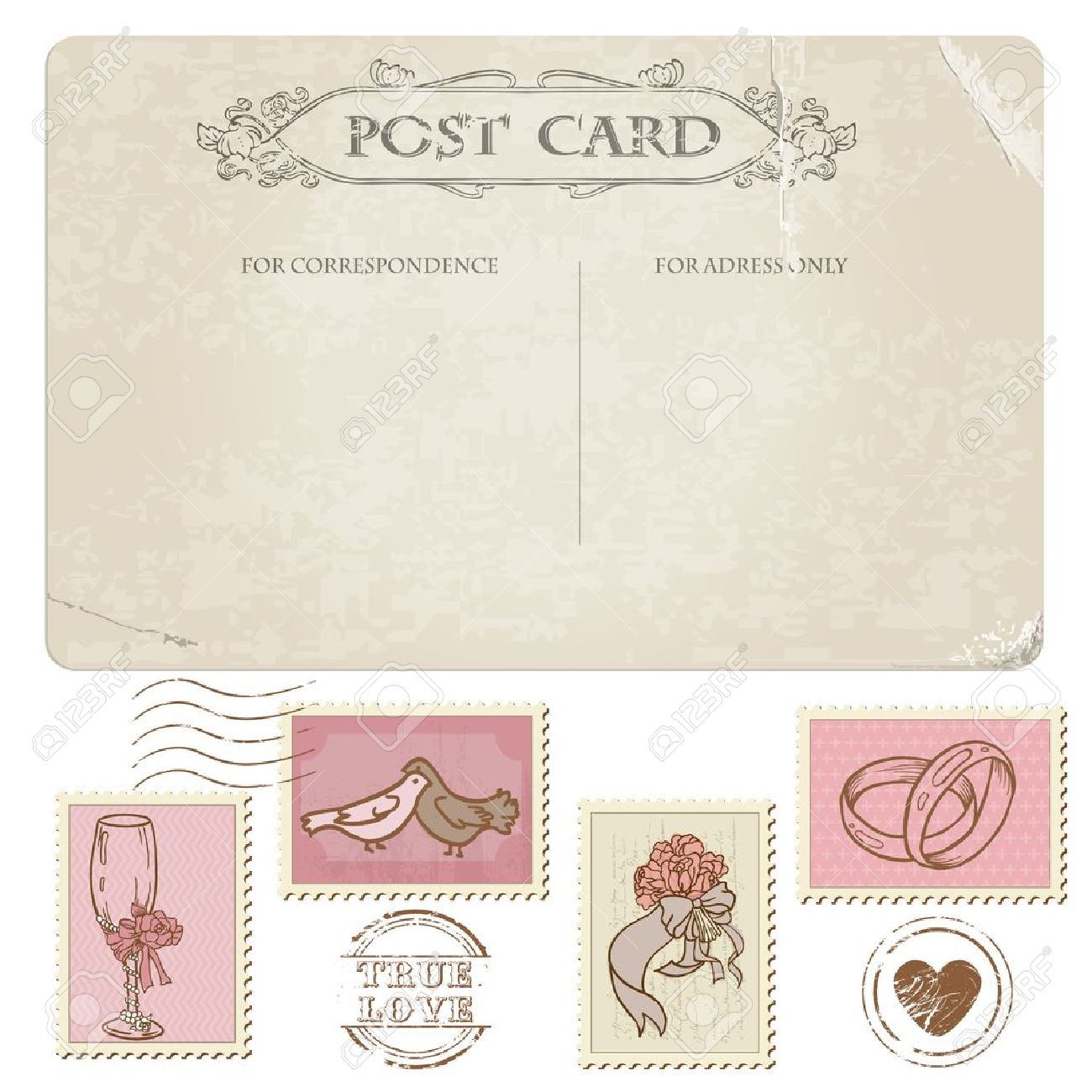 ヴィンテージはがきや切手 結婚式のデザイン 招待状 お祝い スクラップ ブック のイラスト素材 ベクタ Image