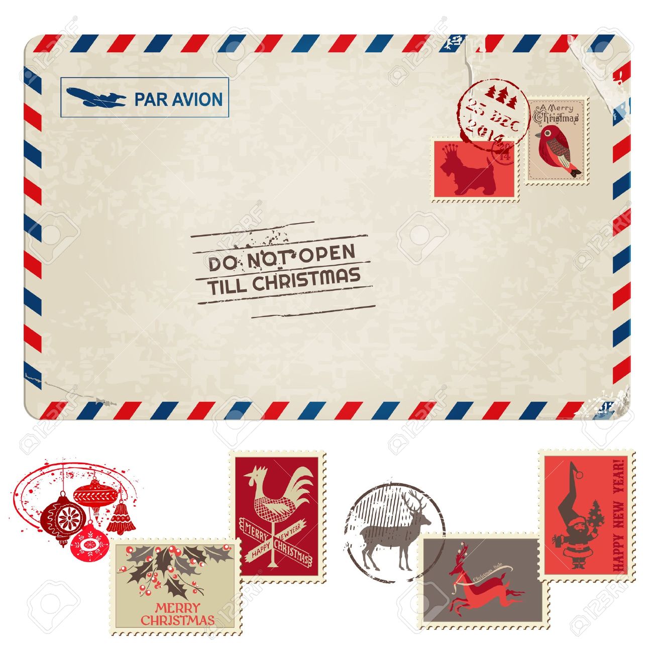 christmas vintage postcard with postage stamps for design