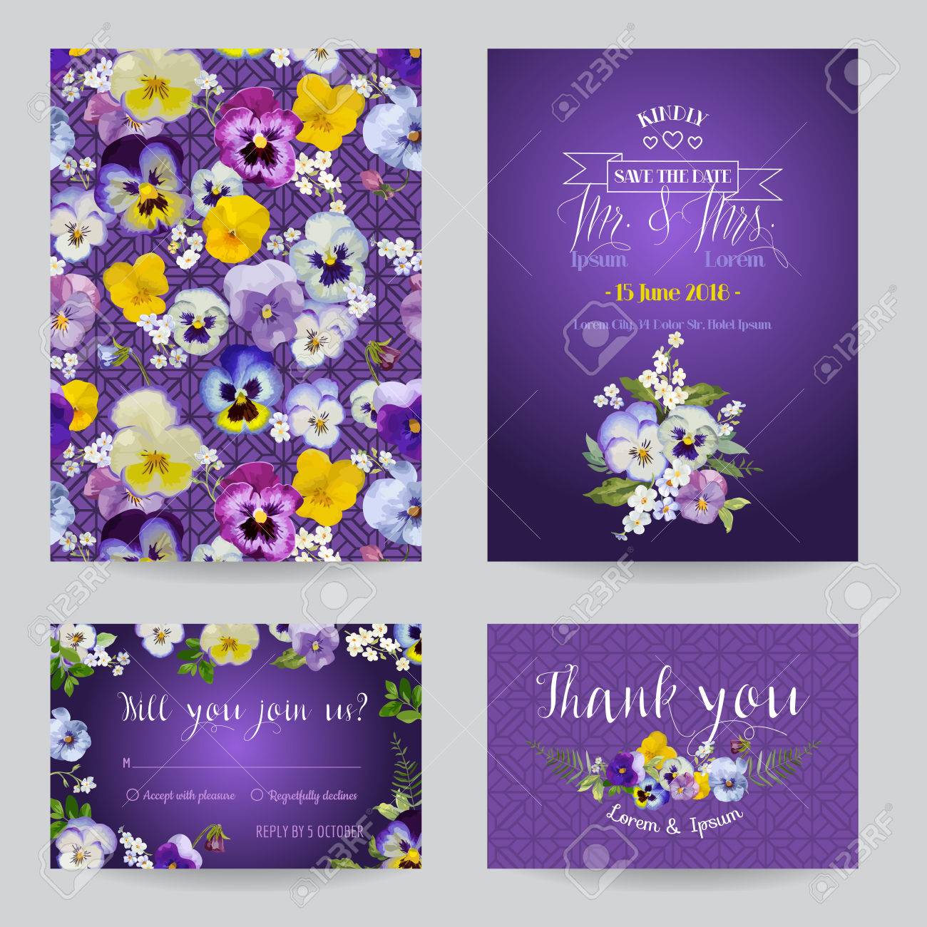 Save the Date - Wedding Invitation or Congratulation Card Set - Flower Pansy Theme - in vector - 51722795 Save the Date - Wedding Invitation or Congratulation Card Set - Flower Pansy Theme - in vector - 51722795