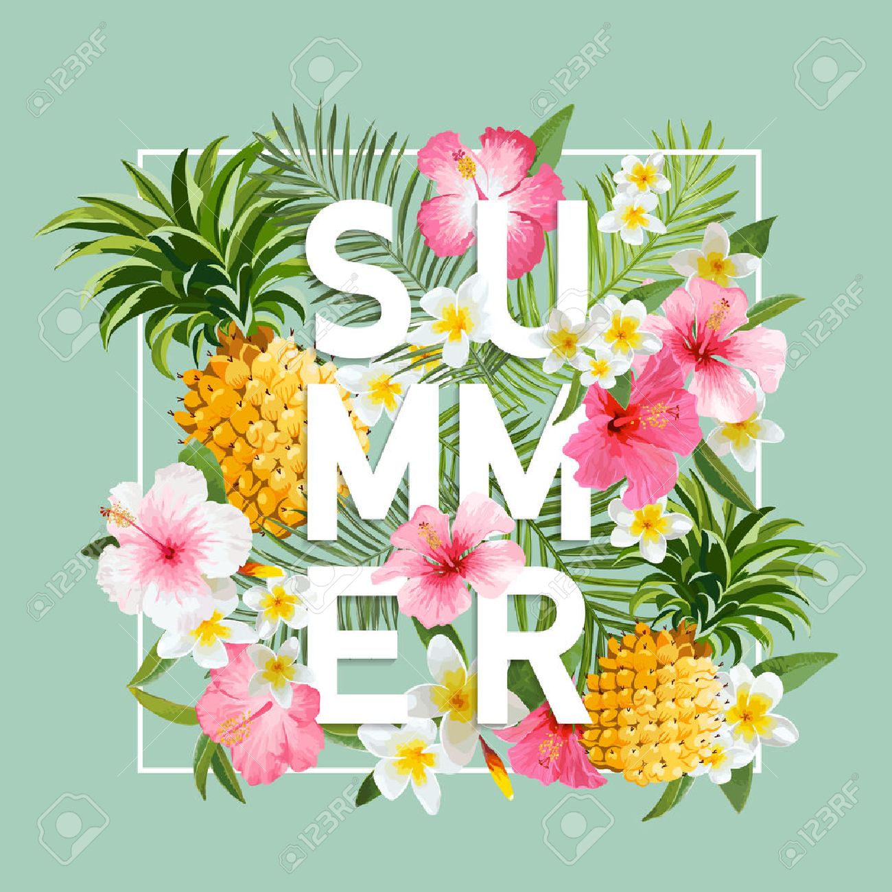Tropical Flowers and Leaves Background. Summer Design. Vector. T-shirt Fashion Graphic. Exotic Background. - 54146525 Tropical Flowers and Leaves Background. Summer Design. Vector. T-shirt Fashion Graphic. Exotic Background. - 54146525