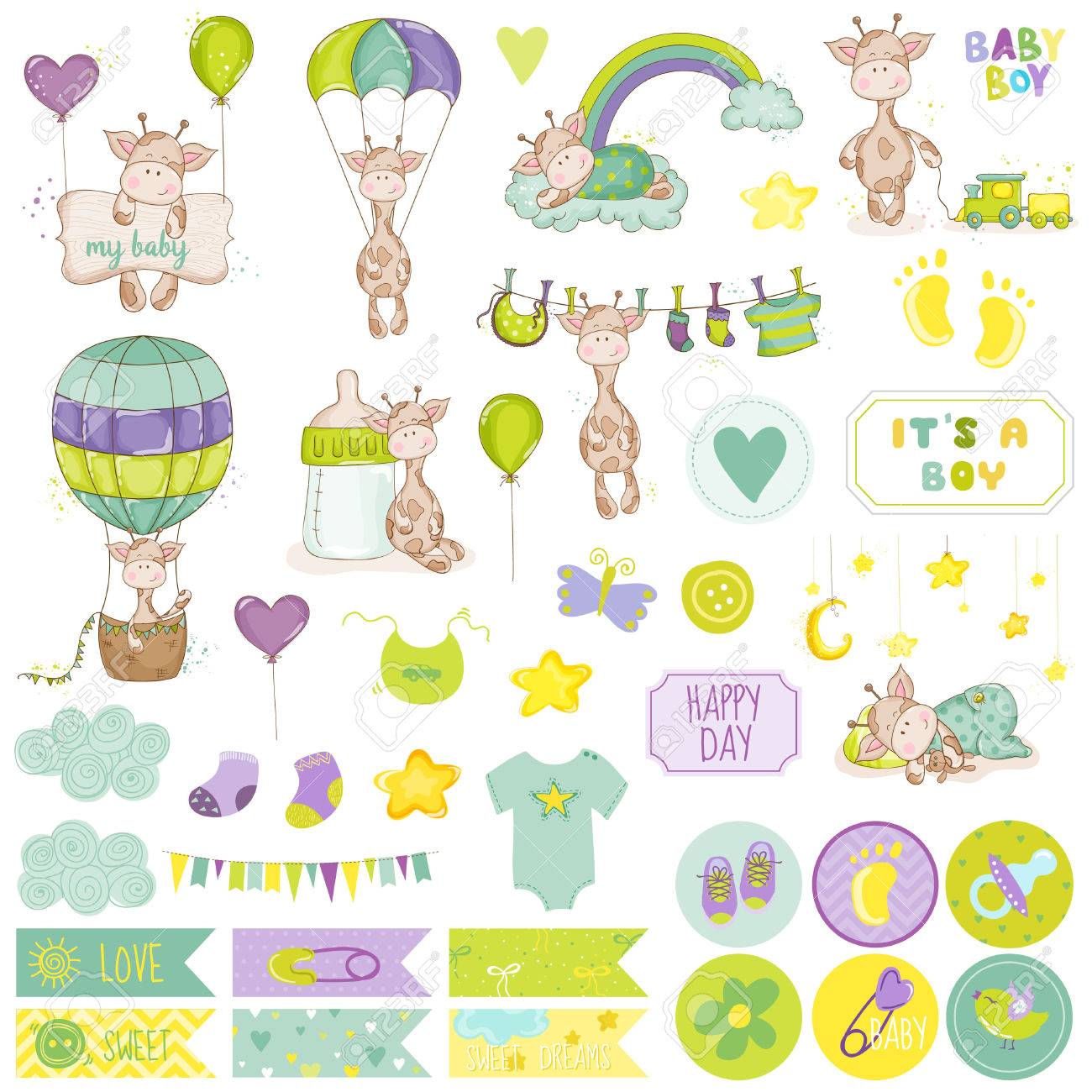 Baby Boy Giraffe Scrapbook Set Vector Scrapbooking Elements Decoratifs Bebe Etiquettes Pour Bebes Autocollants Notes Clip Art Libres De Droits Vecteurs Et Illustration Image