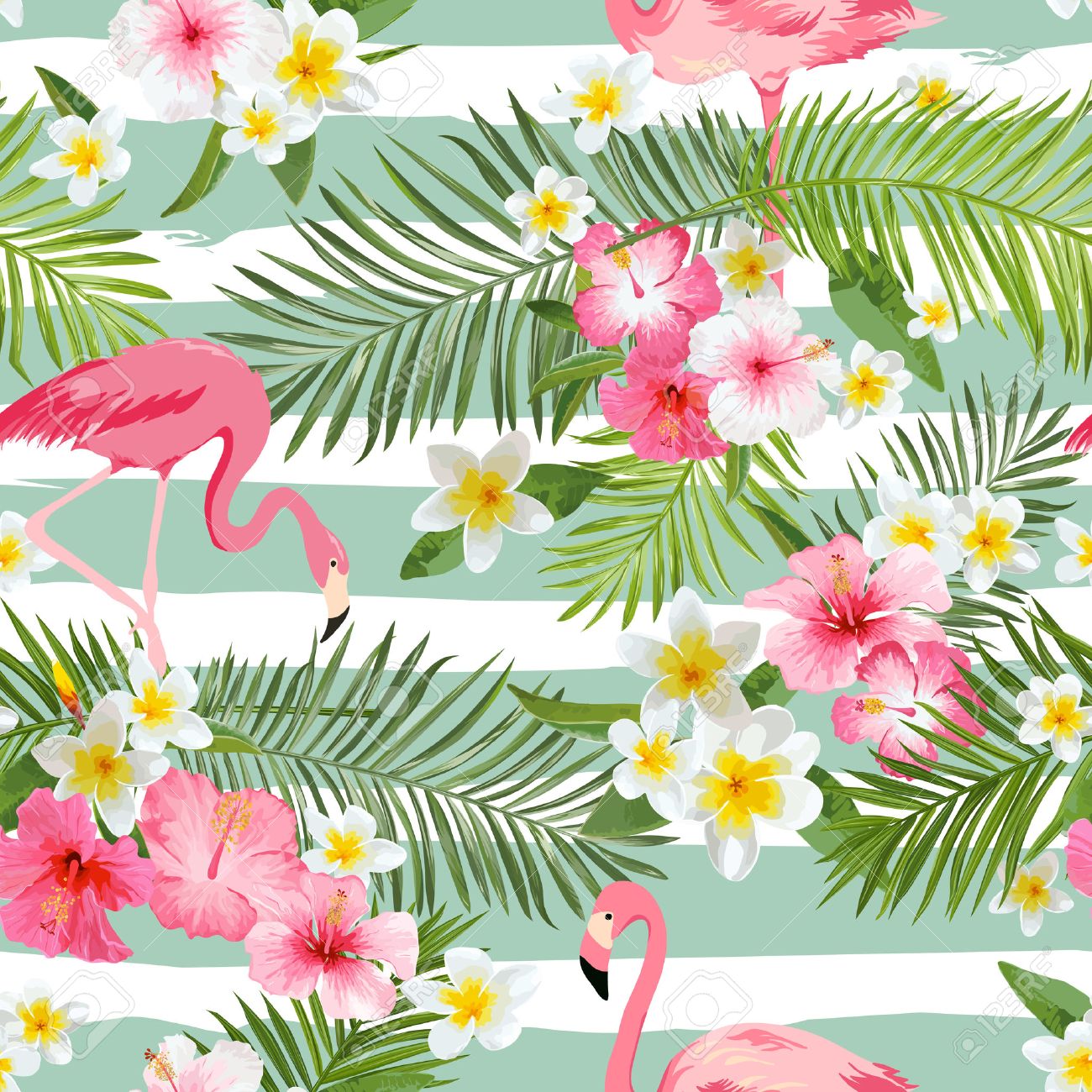 Flamingo Background. Tropical Flowers Background. Vintage Seamless Pattern. Vector Background. - 54616819 Flamingo Background. Tropical Flowers Background. Vintage Seamless Pattern. Vector Background. - 54616819