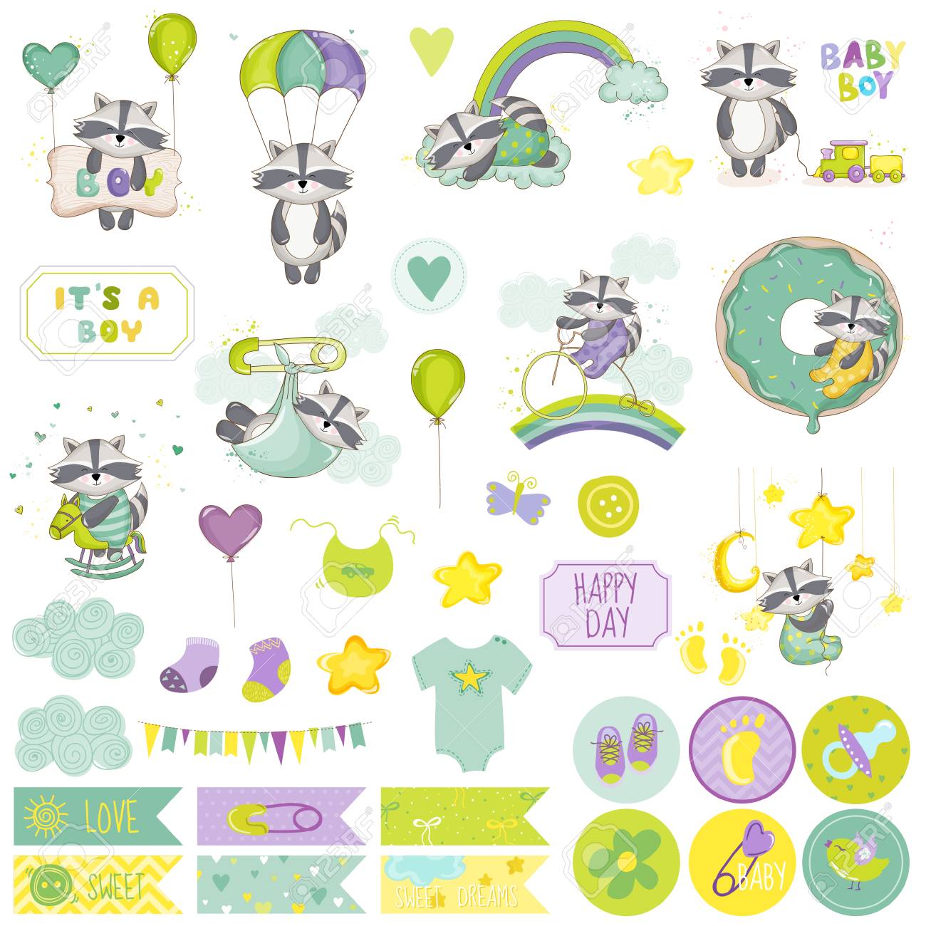 Baby Boy Raccoon Scrapbook Set Vector Scrapbooking Elements Decoratifs Bebe Etiquettes Pour Bebes Autocollants Notes Clip Art Libres De Droits Vecteurs Et Illustration Image