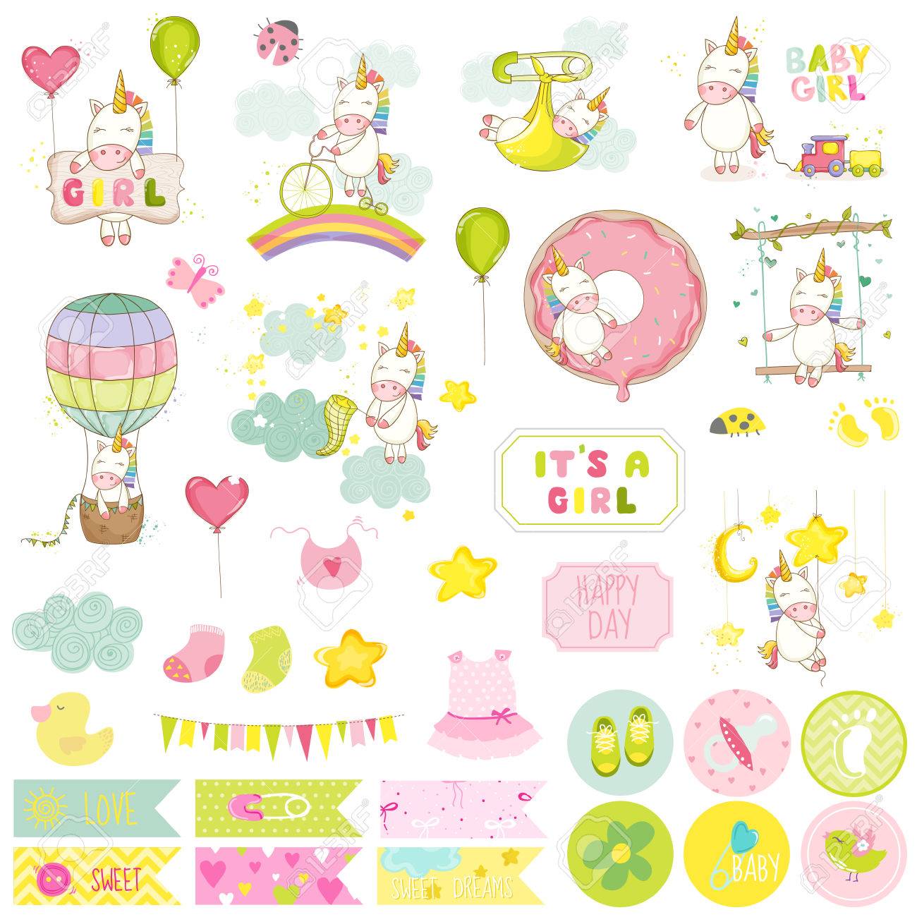 Baby Girl Unicorn Scrapbook Set Vector Scrapbooking Elements Decoratifs Bebe Etiquettes Pour Bebes Autocollants Notes Clip Art Libres De Droits Vecteurs Et Illustration Image