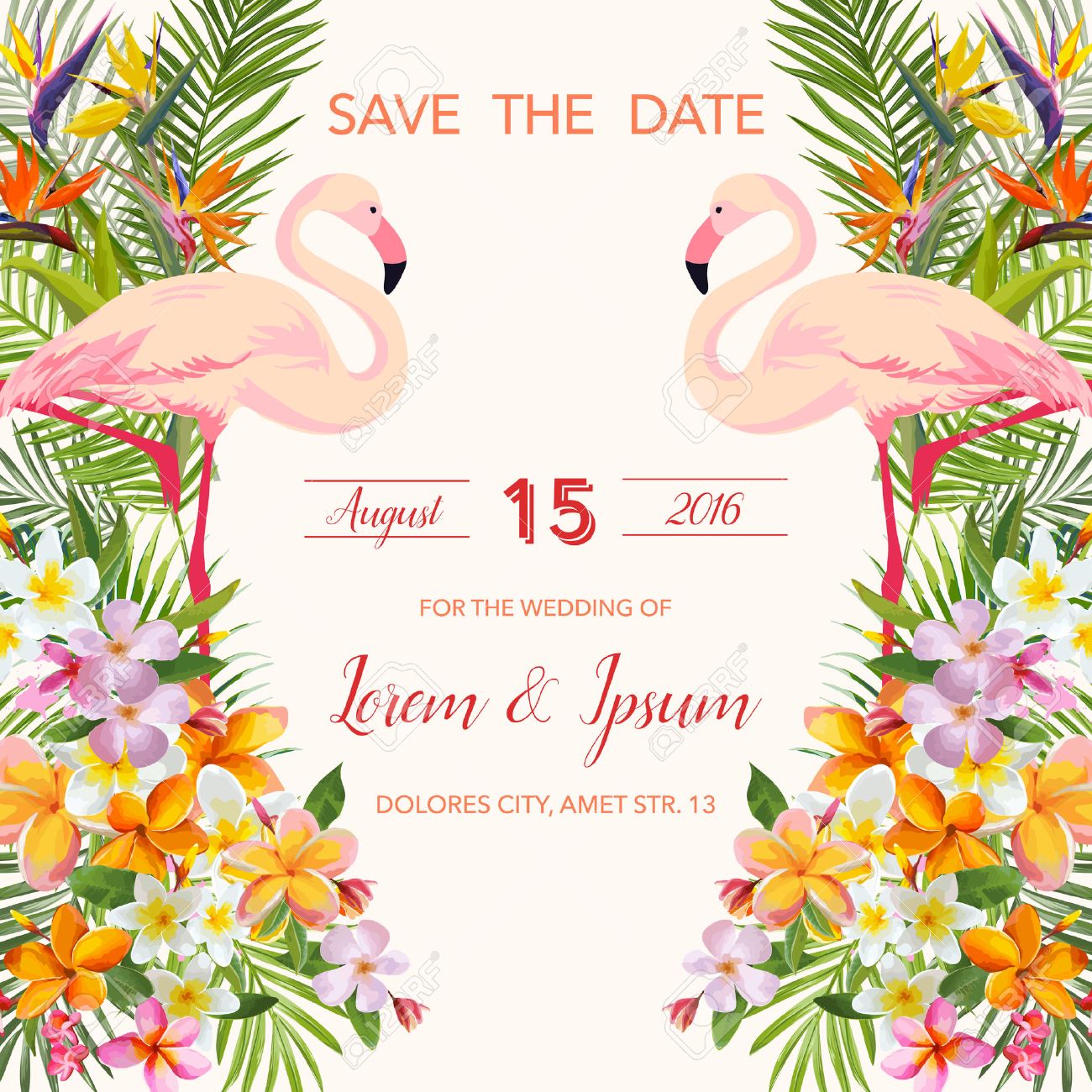 save the date wedding card tropical flowers flamingo bird