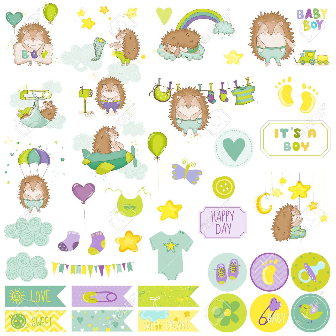 Baby Boy Hedgehog Scrapbook Set Vector Scrapbooking Elements Decoratifs Bebe Etiquettes Pour Bebes Autocollants Notes Clip Art Libres De Droits Vecteurs Et Illustration Image
