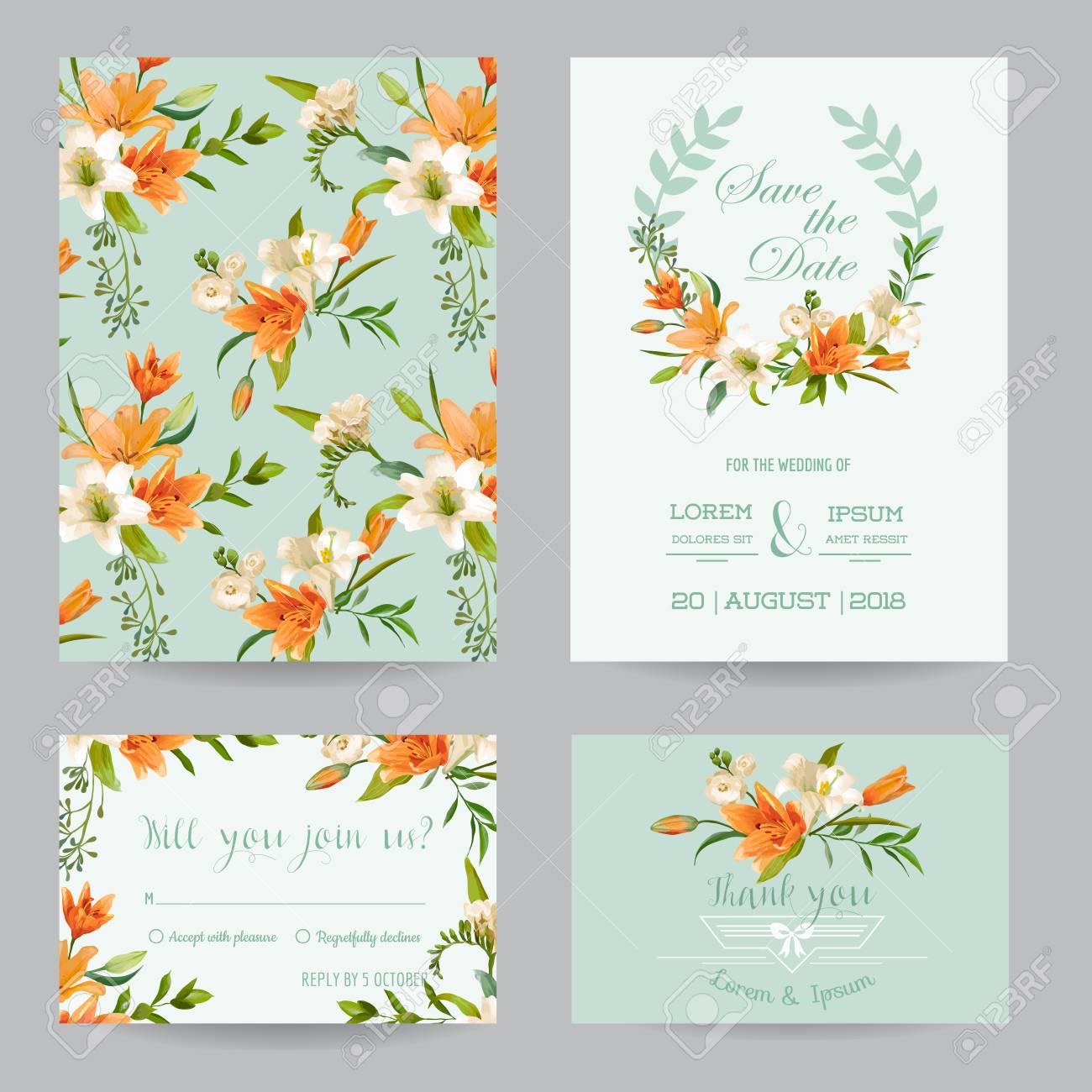 save the date card wedding invitation set autumn lily floral