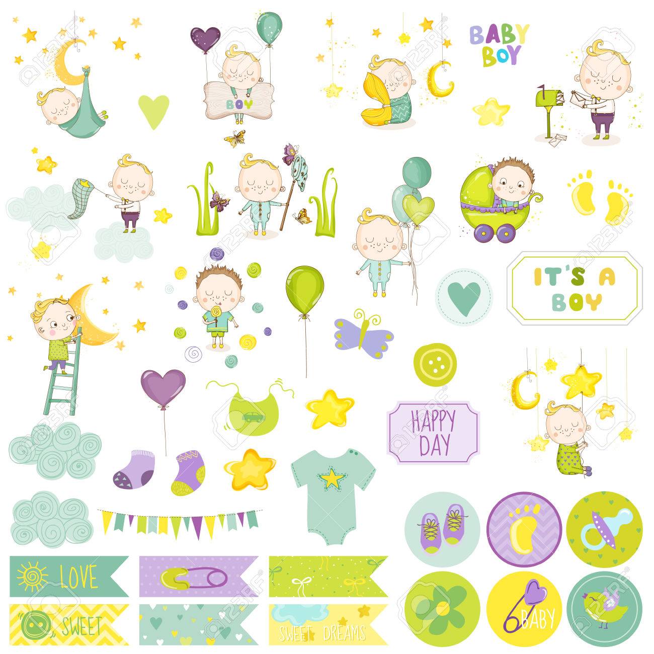 Baby Boy Scrapbook Set Scrapbooking Elements Decoratifs Bebe Etiquettes Pour Bebes Autocollants Notes Clip Art Libres De Droits Vecteurs Et Illustration Image