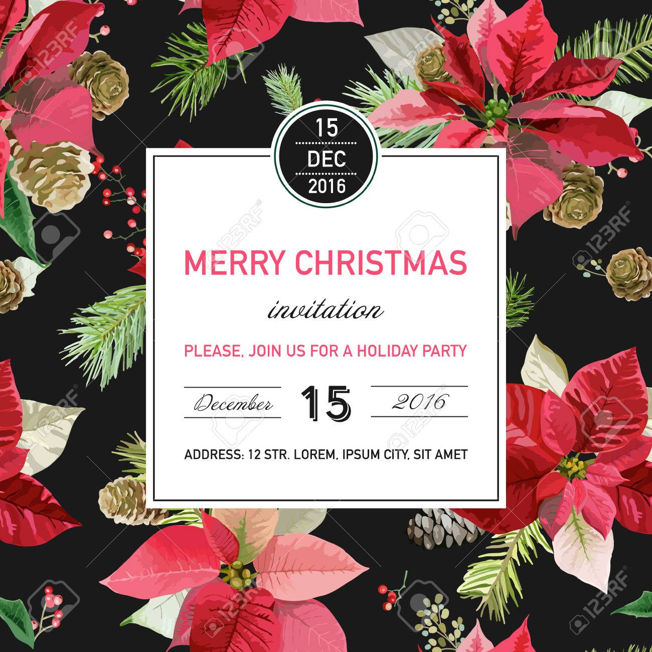vintage poinsettia christmas invitation card winter background christmas invitation vector