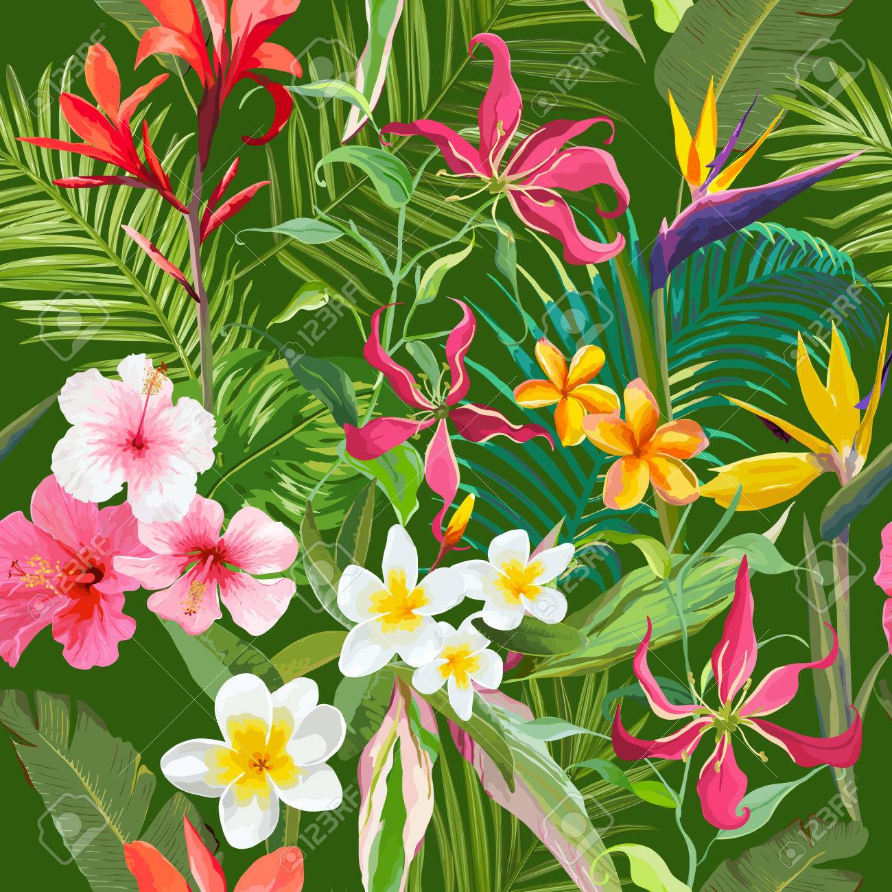 熱帯のシームレスなベクトル夏の花柄 壁紙 背景 テクスチャ 繊維 カード のイラスト素材 ベクタ Image