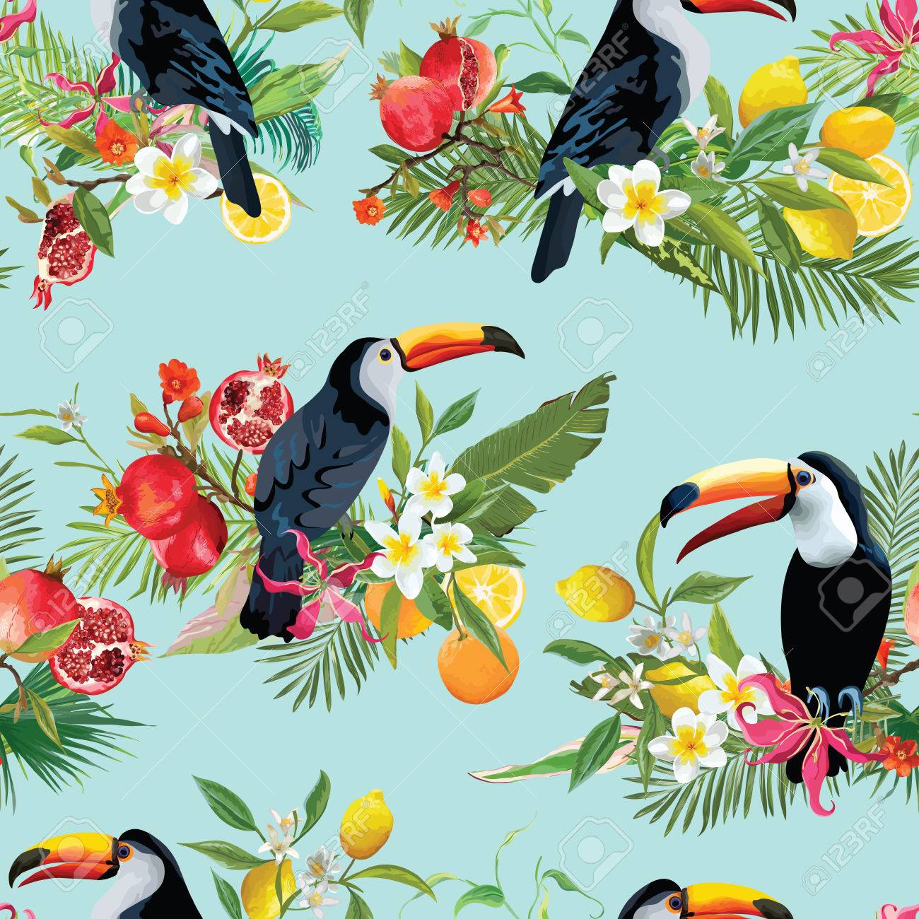 トロピカル フルーツ 花 オオハシ鳥シームレスな背景 レトロな夏パターン ベクトル のイラスト素材 ベクタ Image