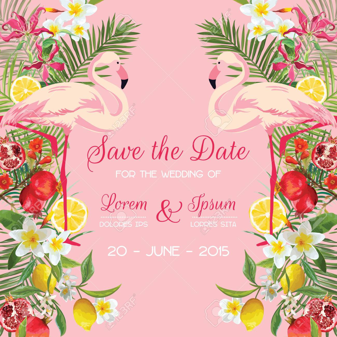 Save the Date Wedding Card with Tropical Flowers, Fruits, Flamingo Bird. Floral Background in vector - 83062797 Save the Date Wedding Card with Tropical Flowers, Fruits, Flamingo Bird. Floral Background in vector - 83062797