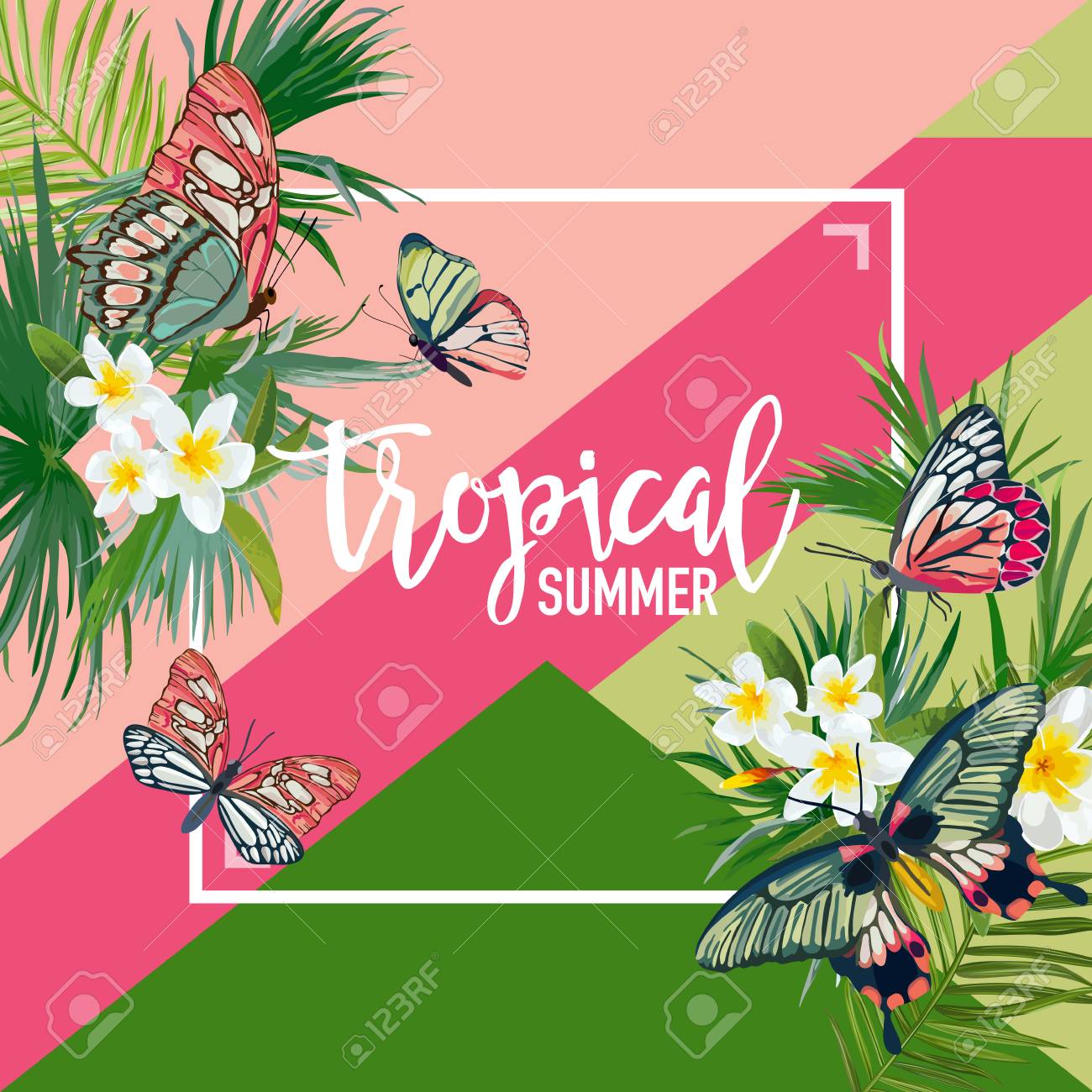 エキゾチックな熱帯の花夏デザインを蝶します バナー ポスター T シャツの水彩花柄背景 ベクトル図 のイラスト素材 ベクタ Image